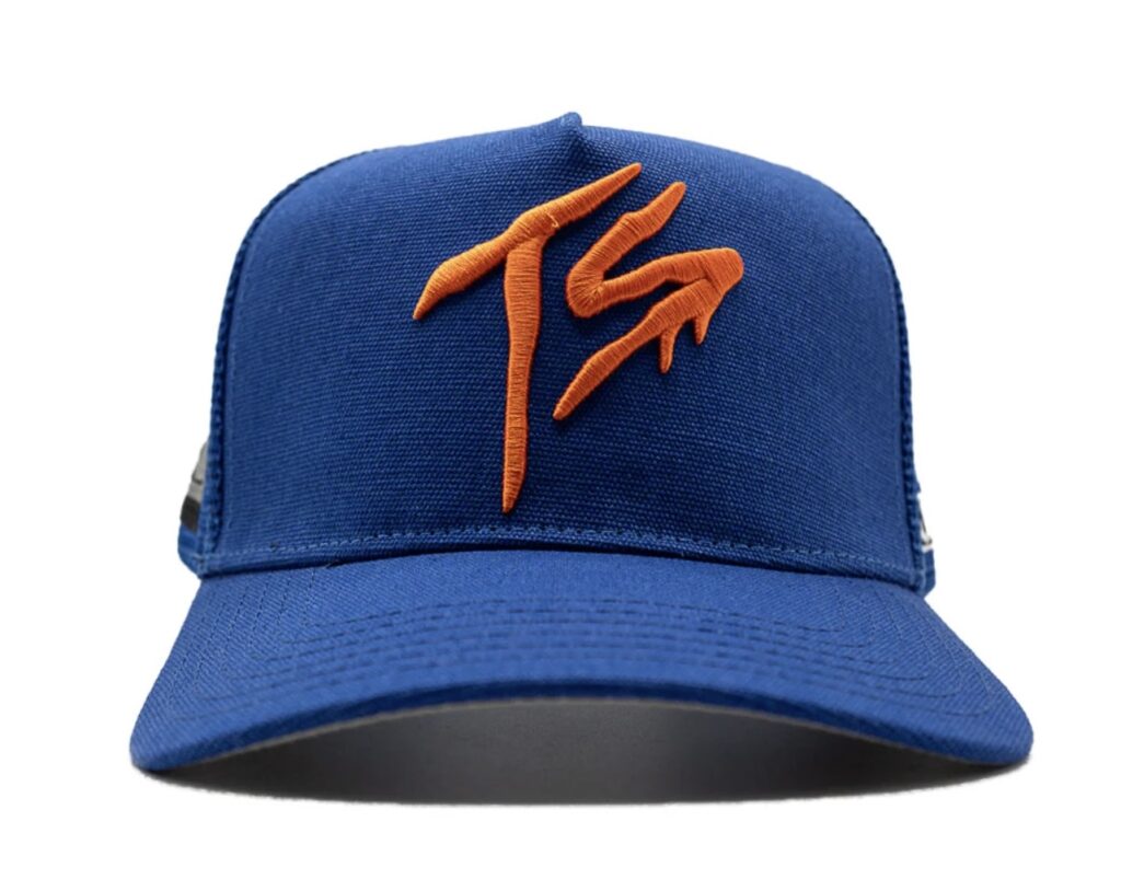 UP NYC Terror Squad Knicks Trucker Hat featuring blue, orange, and white colorway with embroidered TS and UP NYC logos